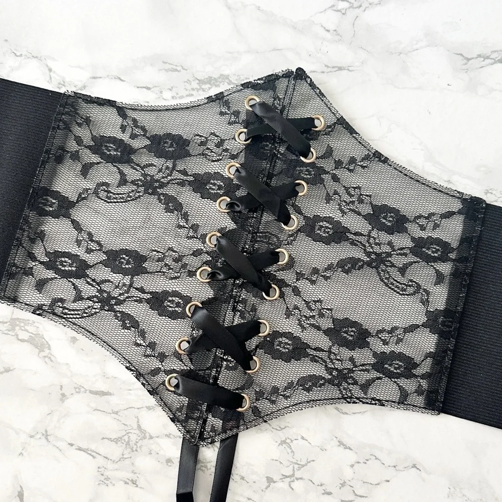 Romantic Black Lace Corset Style Waist Belt Stretch Snap Back Closure Size Small - Picture 9 of 12